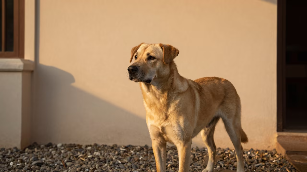 Stabyhoun Portrait in Mandalay Courtyard in beside a plain courtyard wall in clear daylight with the animal at eye level near Mandalay