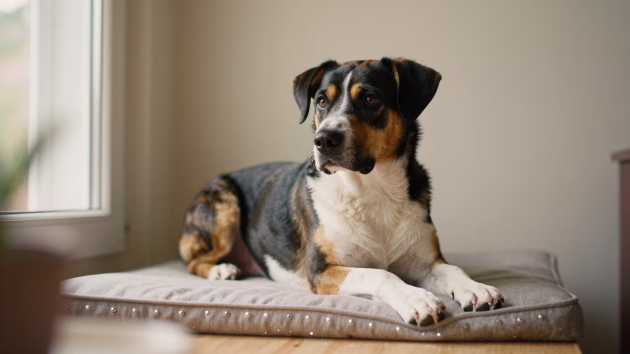 Stabyhoun Portrait on Window Seat Midsummer Light in on a cushioned window seat with soft side light and an uncluttered background near Mersin