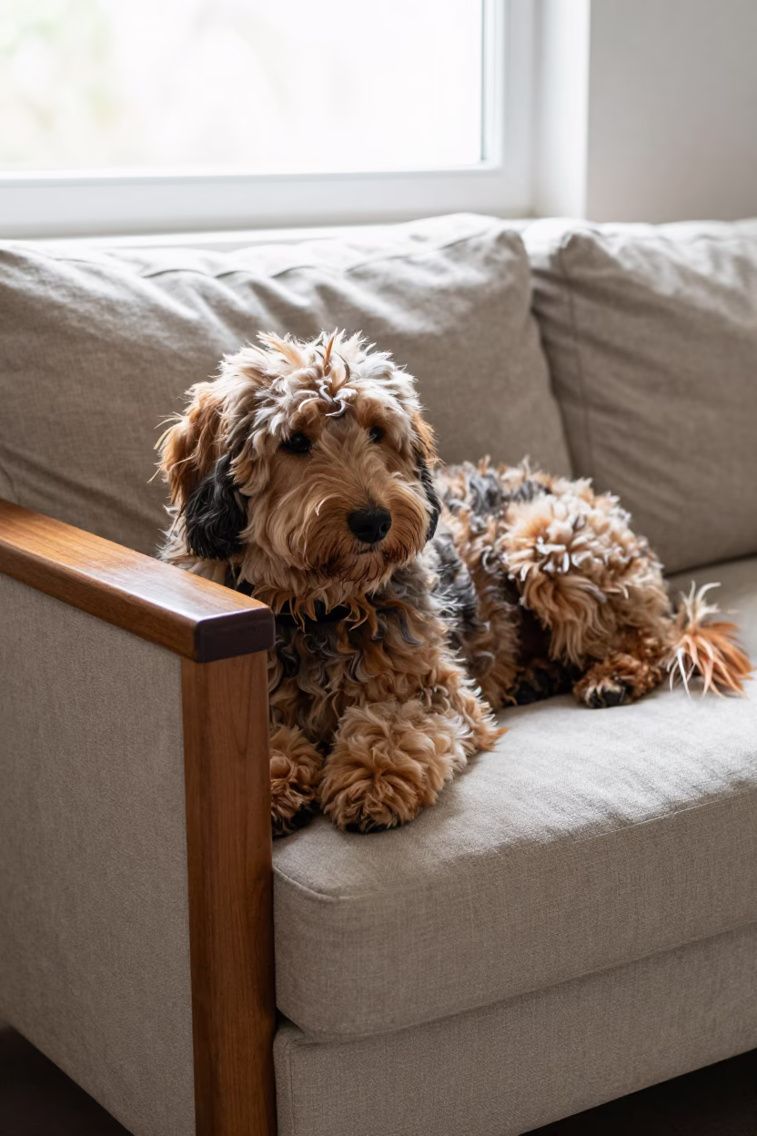 Stabyhoun Resting on Linen Sofa Near Malindi Window in on a linen sofa with daylight from a nearby window near Malindi
