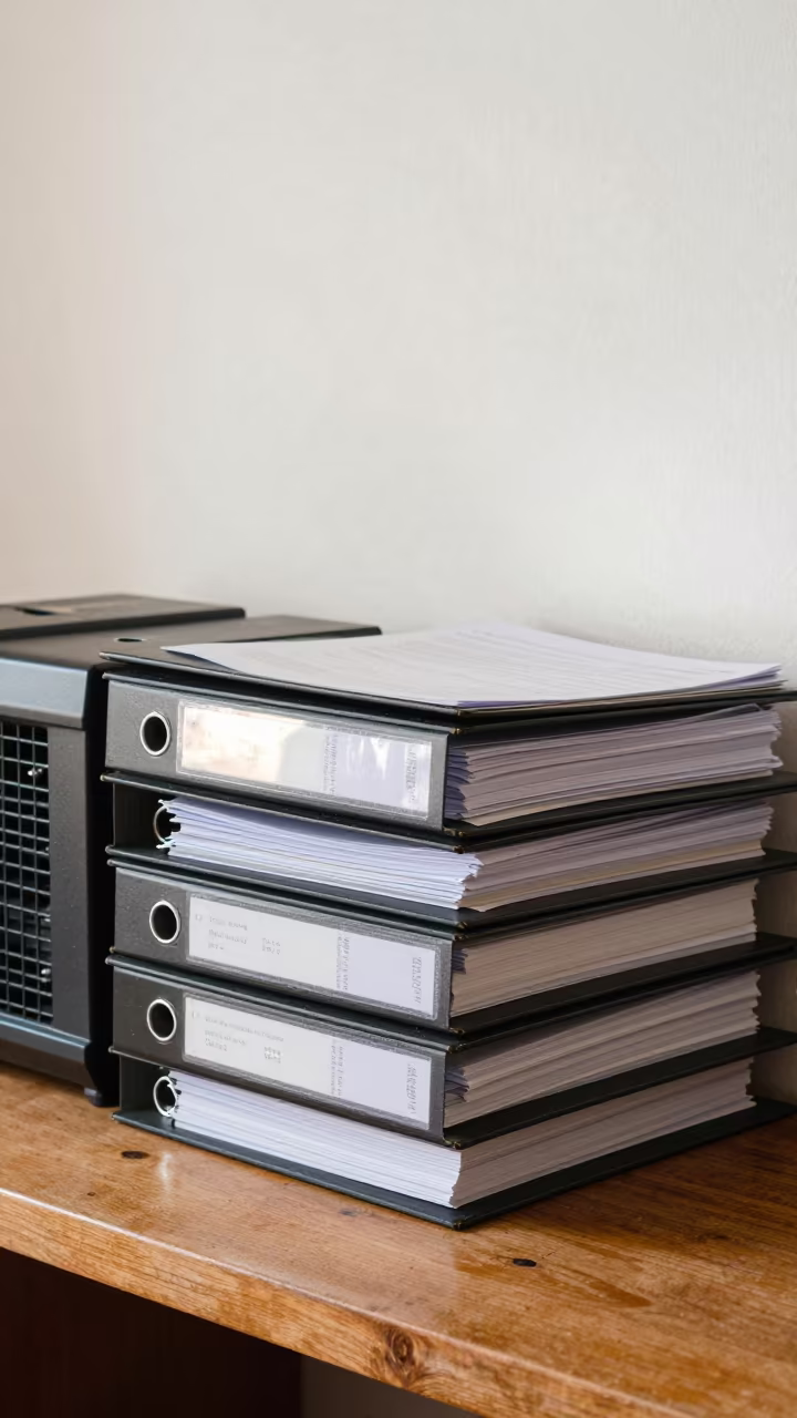 Stacked Aquarium Chiller Binders on Harar Workbench in on a wooden workbench in Harar