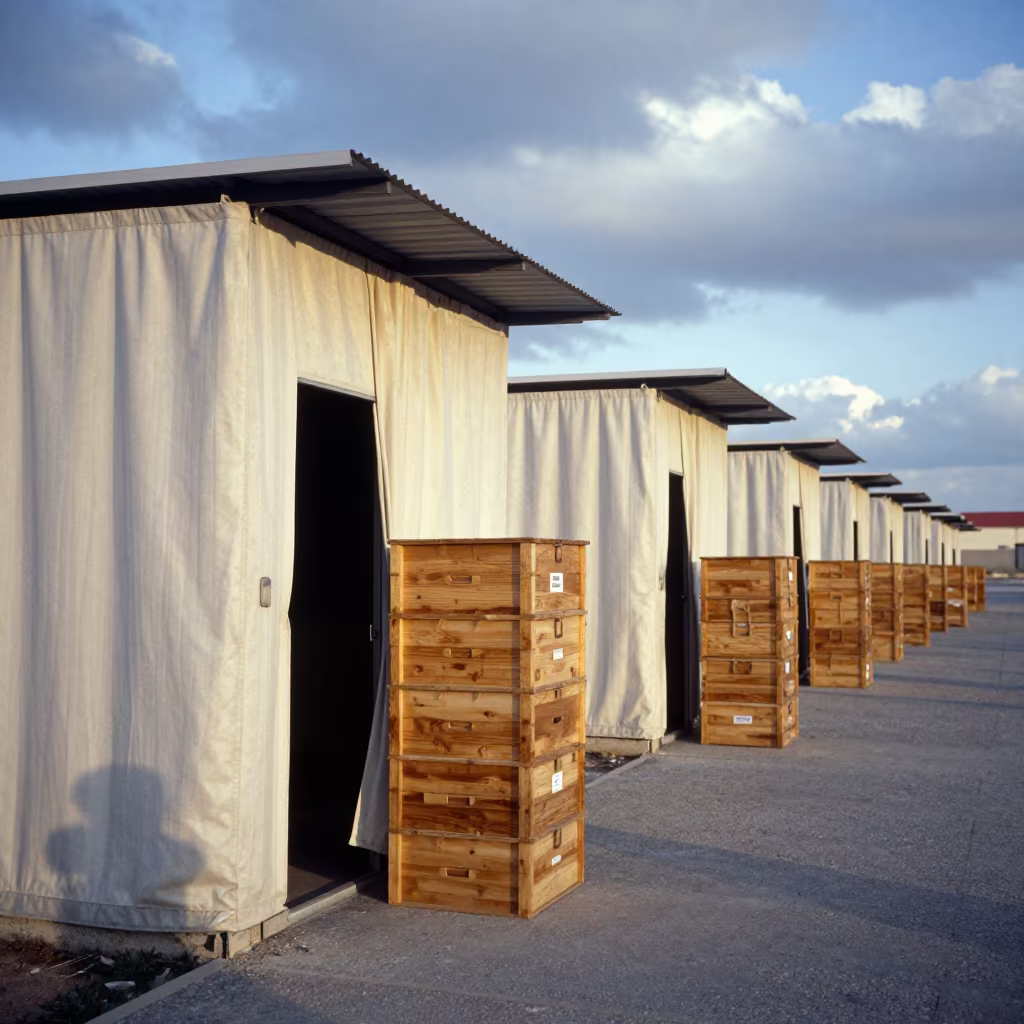 Stacked Ballot Boxes Behind Polling Station Curtain in outside a polling station entrance in Mostaganem