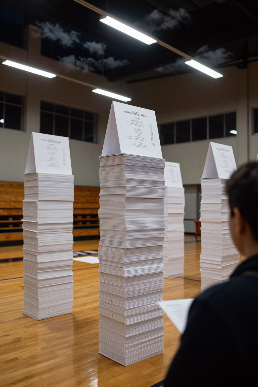 Stacked Ballot Envelopes Under Fluorescent Lights in inside a polling station gymnasium near Port Elizabeth