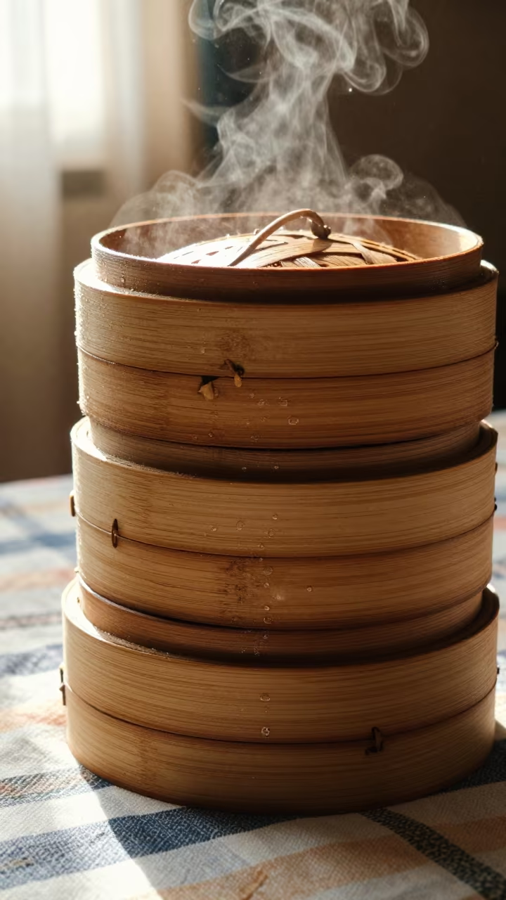 Stacked Bamboo Dim Sum Steamers in Late Afternoon Light in on a picnic blanket in Pathein