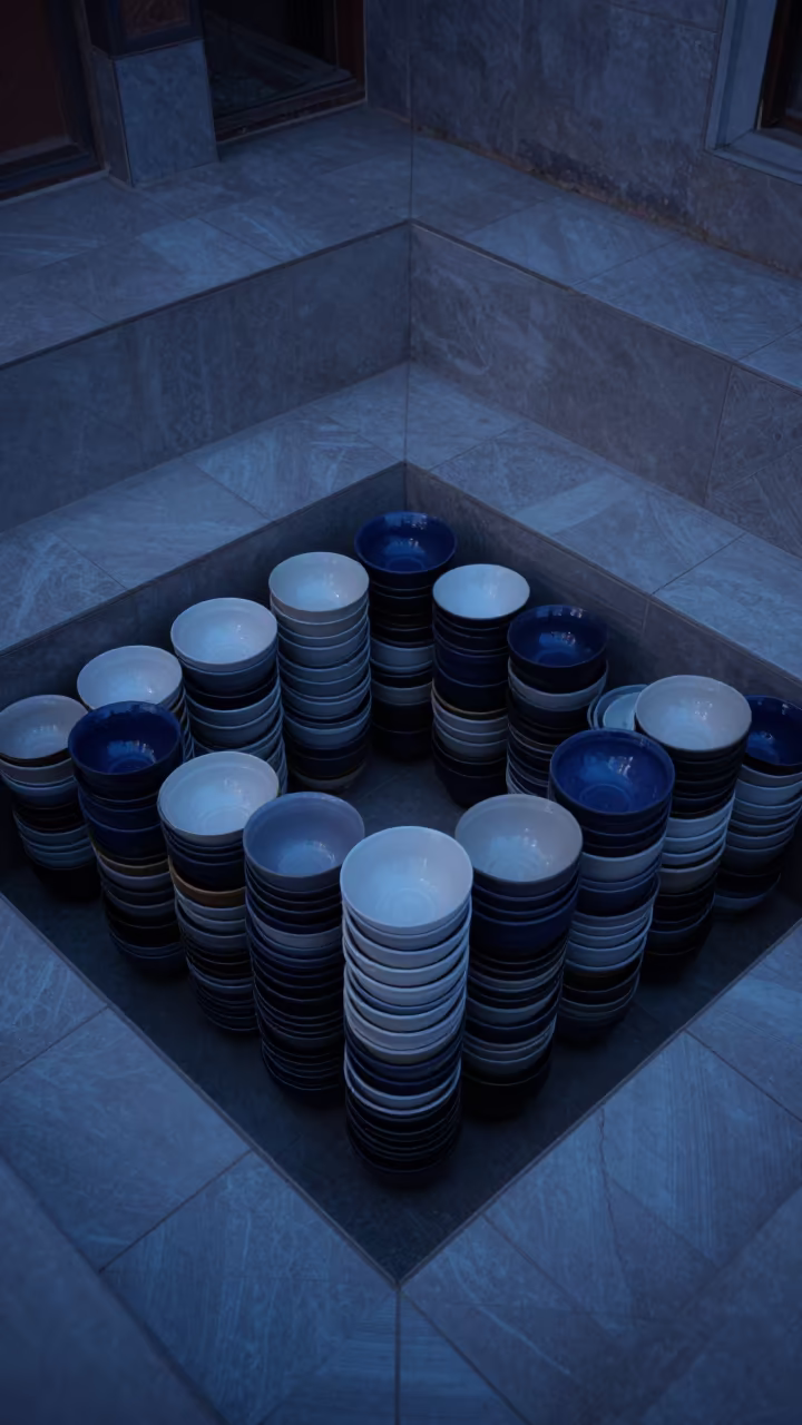 Stacked Bowls Geometric Pattern Evening Light in inside a tiled stair hall in Islamabad