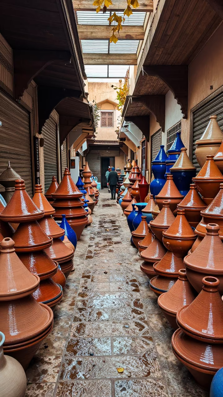 Stacked Ceramic Tagines in Marrakech Souk in in a covered bazaar aisle in Medina, Marrakech