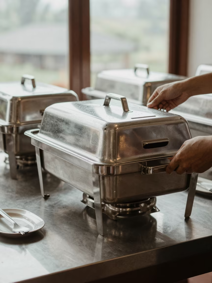 Stacked Chafers on Kitchen Pass in Can Tho Spa in inside a spa reception in Can Tho