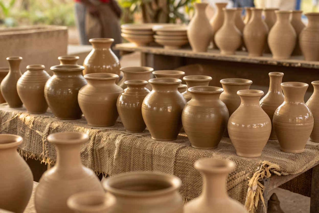 Stacked Clay Pots on Textile Table in Cumaná in on a textile-covered table near Cumaná