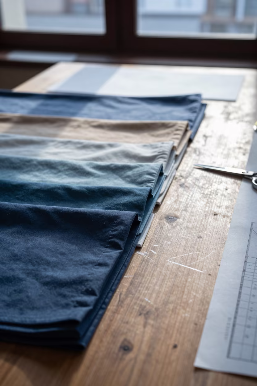 Stacked Color Panels on Tailoring Table in Turin in at a tailoring table strewn with chalk and shears in Turin