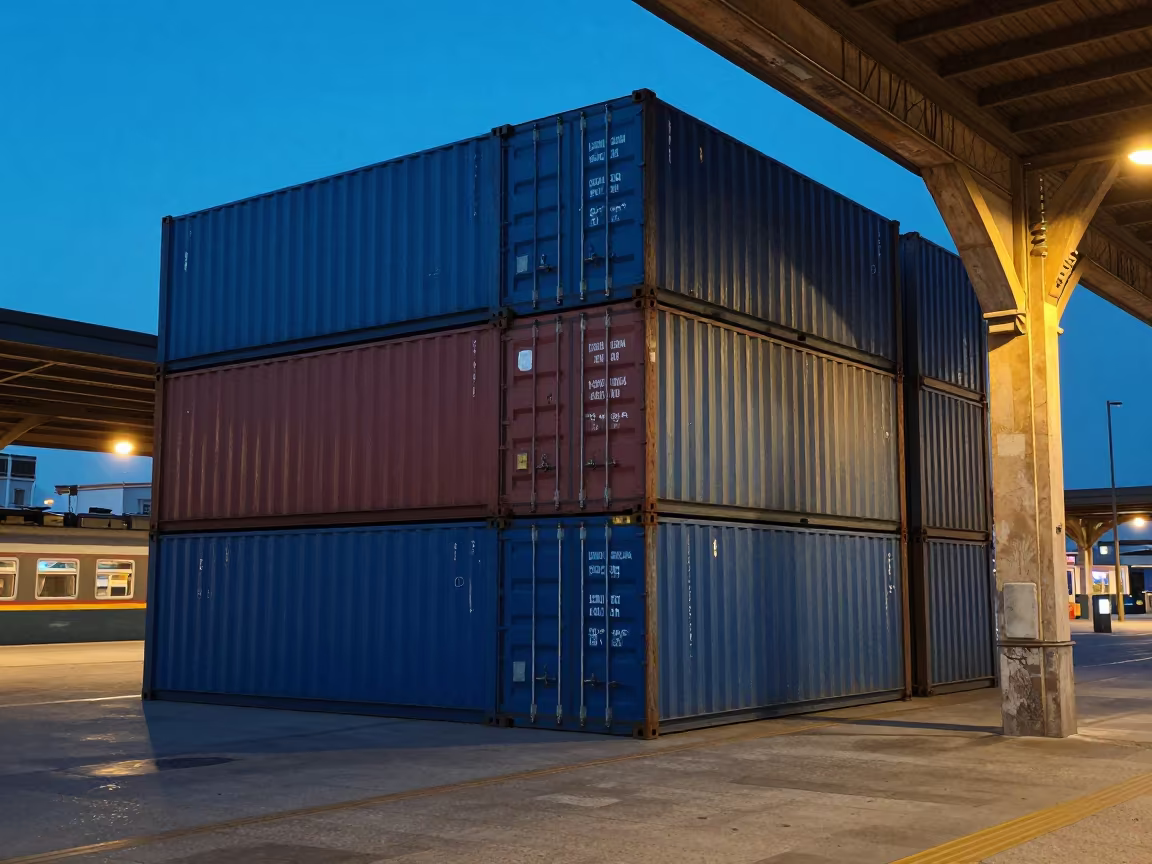 Stacked Containers in Palermo Terminal Twilight in inside a restored train terminal in Palermo