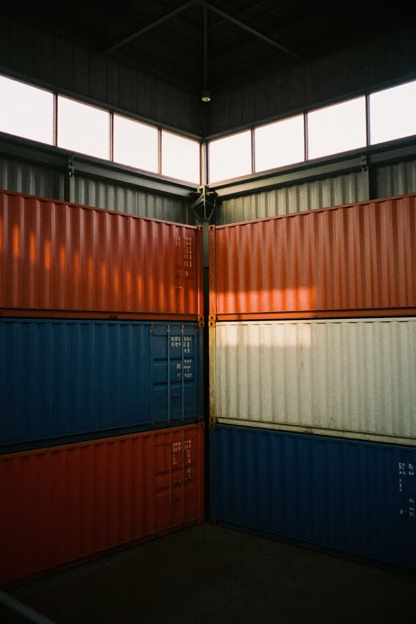 Stacked Containers in Predawn Kimberley Atrium in inside a vaulted atrium in Kimberley