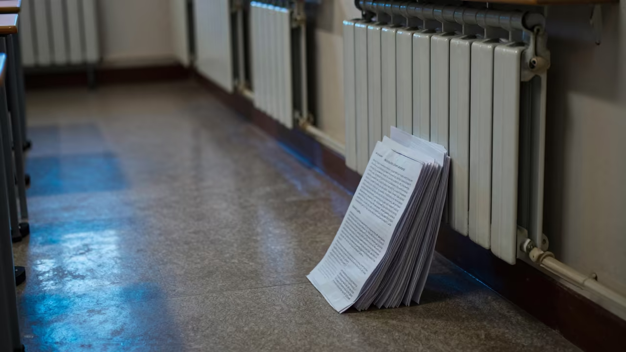 Stacked Course Packets on Radiator in Guelmim Classroom in inside a quiet classroom near Guelmim