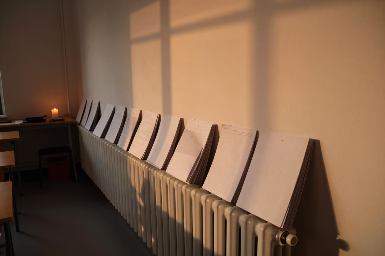 Stacked Course Packets on Radiator in Sunset Light in inside an art classroom in Merca