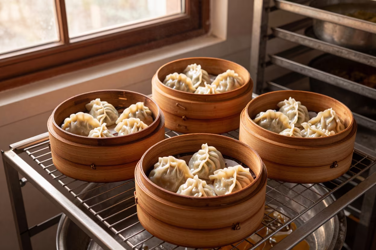 Stacked Dim Sum Steamers on Bakery Rack in on a bakery cooling rack in Baltimore