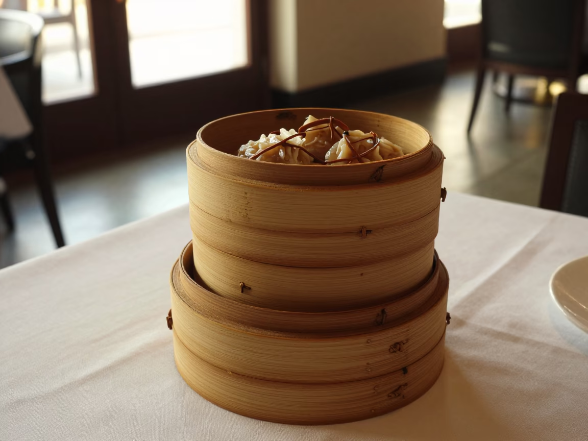 Stacked Dim Sum Steamers on Linen Table in on a linen-covered restaurant table in Médéa