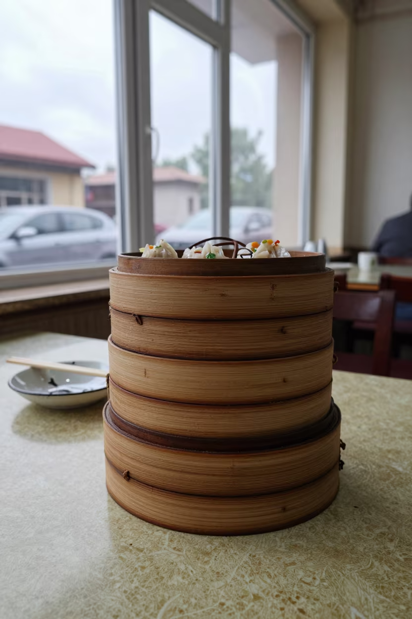 Stacked Dim Sum Steamers on Gyumri Diner Table in at a roadside diner table in Gyumri