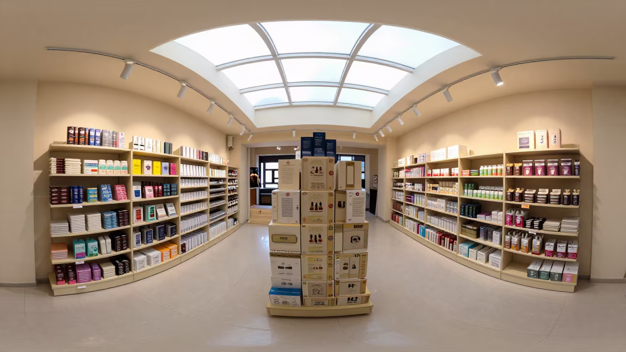 Stacked Display Cube Retail Isfahan Midday in beside a seasonal endcap near the sales floor near Isfahan