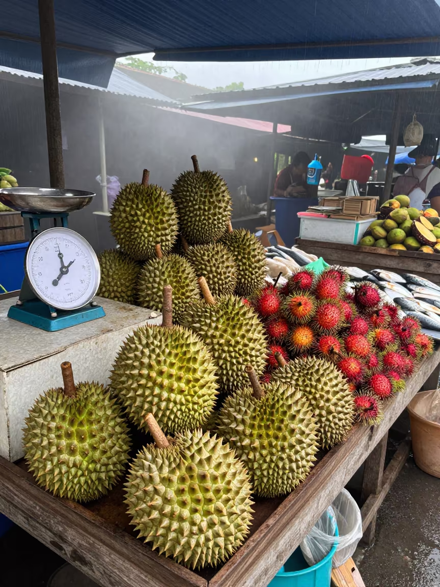 Stacked Durians and Rambutans at Morning Market in beside a fish counter in Batala