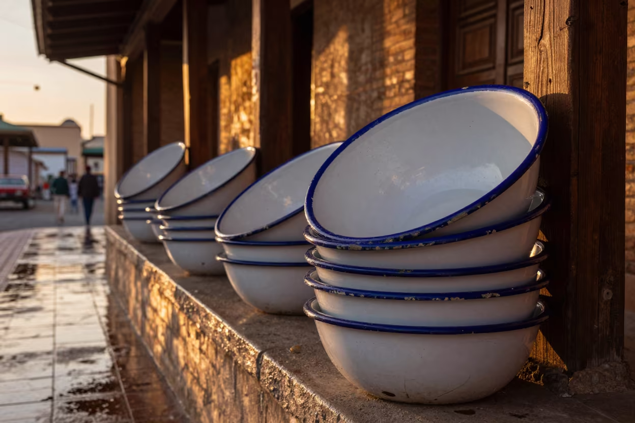 Stacked Enamel Bowls in Ben Guerir Terminal in inside a restored train terminal in Ben Guerir