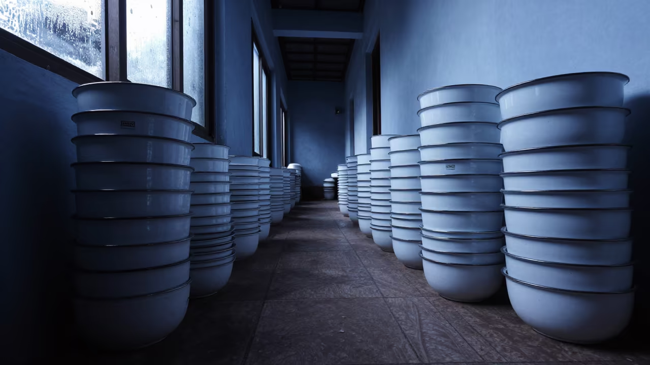 Stacked Enamel Bowls in Rainy Season Light in inside a skylit passageway near Mandya
