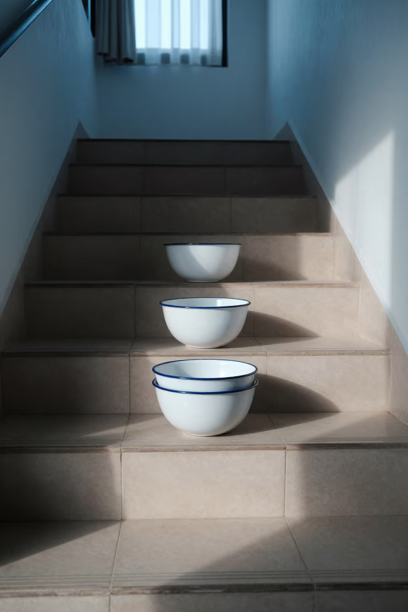 Stacked Enamel Bowls in Tiled Stair Hall in inside a tiled stair hall in El Tigre