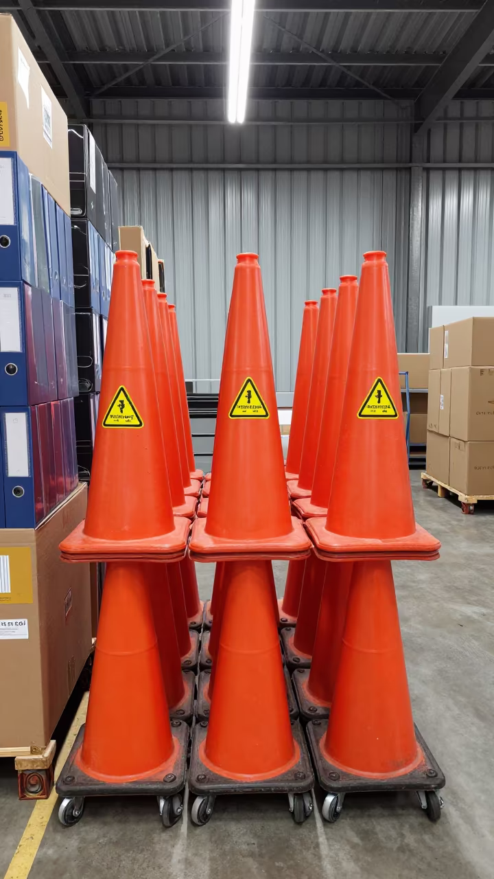 Stacked Exception Cones Warehouse Logistics Sofia in inside a warehouse aisle near Sofia