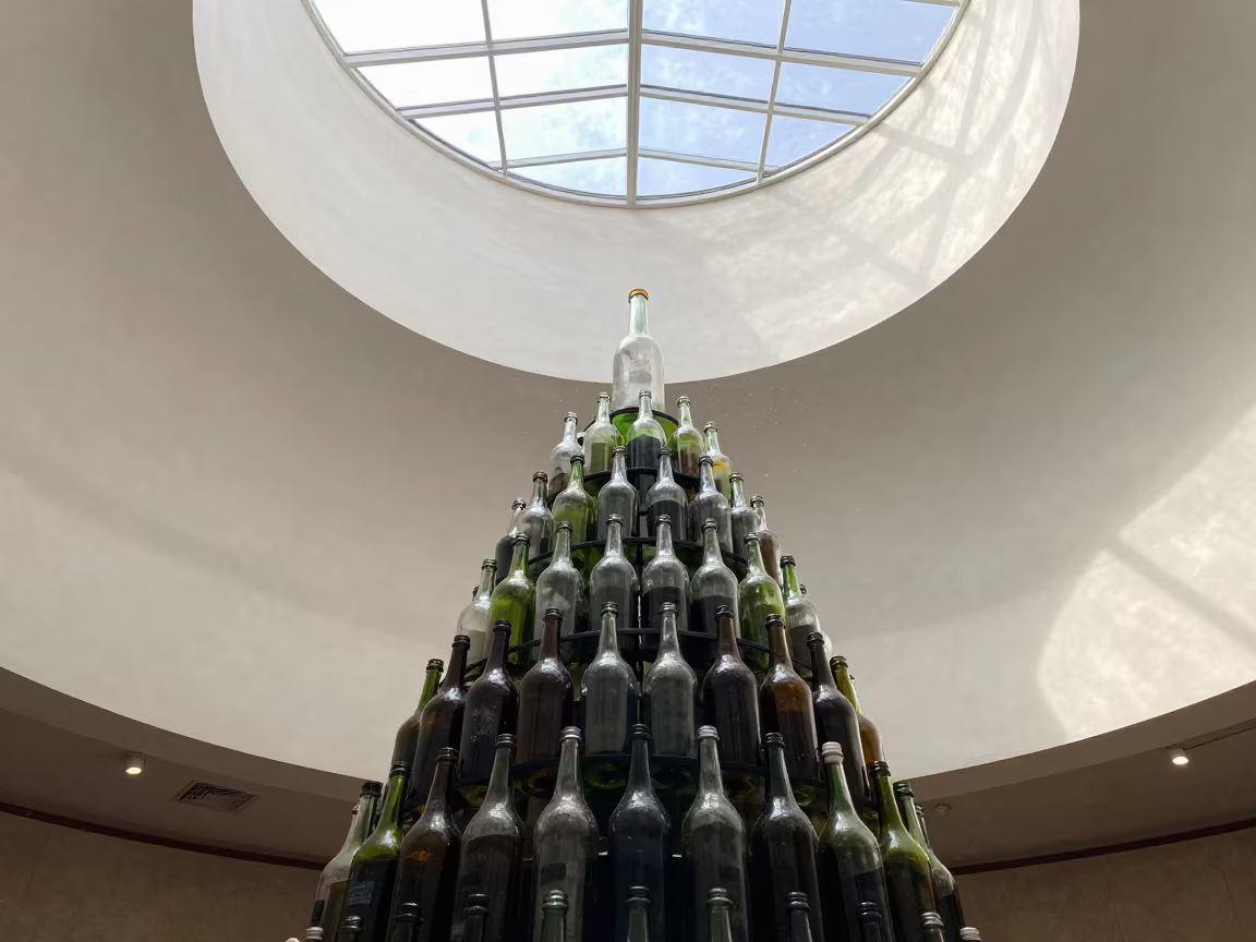 Stacked Glass Bottles Catch Noon Light in Bordeaux Atrium in inside a vaulted atrium near Bordeaux