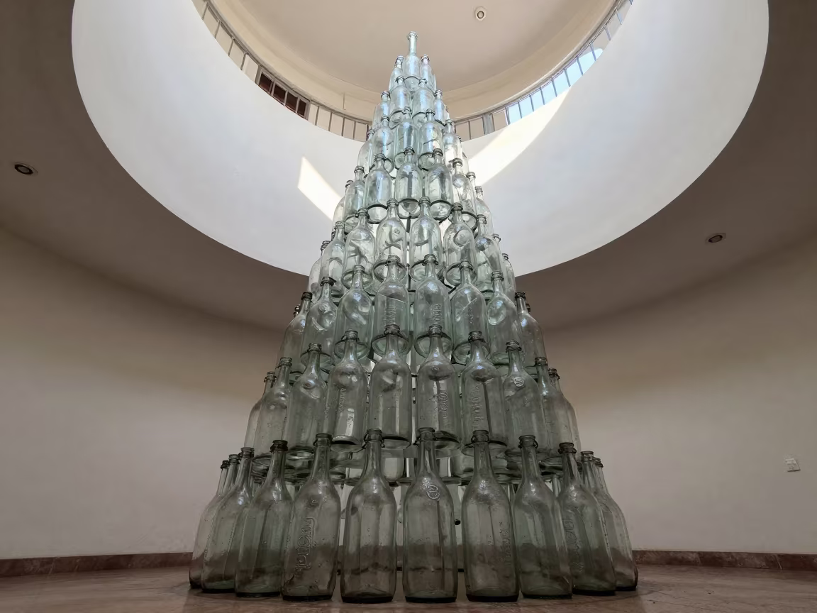 Stacked Glass Bottles in Jos Atrium in inside a vaulted atrium in Jos