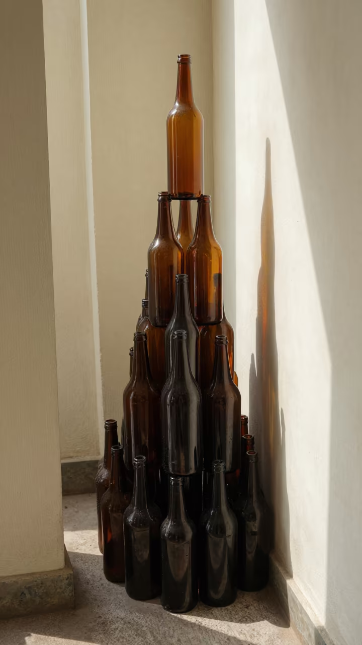 Stacked Glass Bottles Catching Monsoon Sunlight Lagos in inside a skylit passageway in Oshodi, Lagos