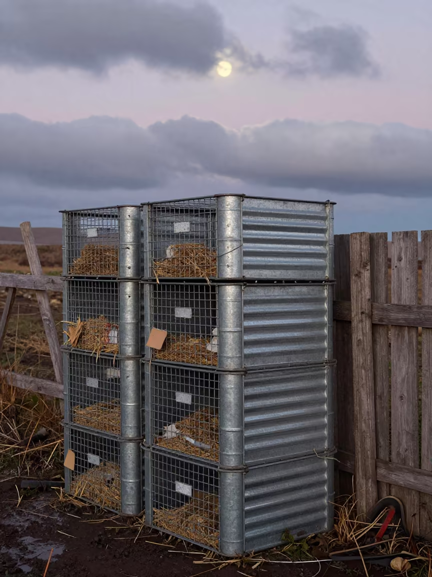 Stacked Hatch Crates Muddy Fence Dawn Tibet in along a muddy paddock fence in Tibet