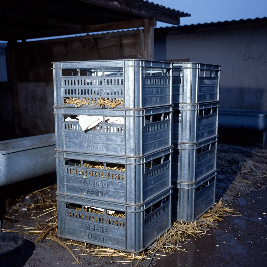 Stacked Hatch Crates in Winter Barn Light in near a windbreak and water trough in Turkey