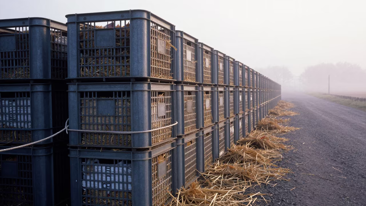 Stacked Hatch Date Crates in UK Barn Morning Light in along a feedlot lane in United Kingdom