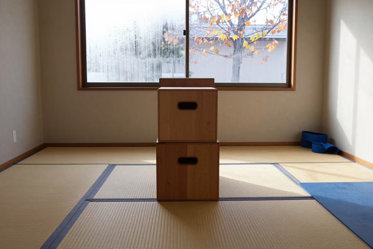 Stacked Jump Boxes in Tokyo Yoga Studio in inside a yoga studio before the session begins in Tokyo