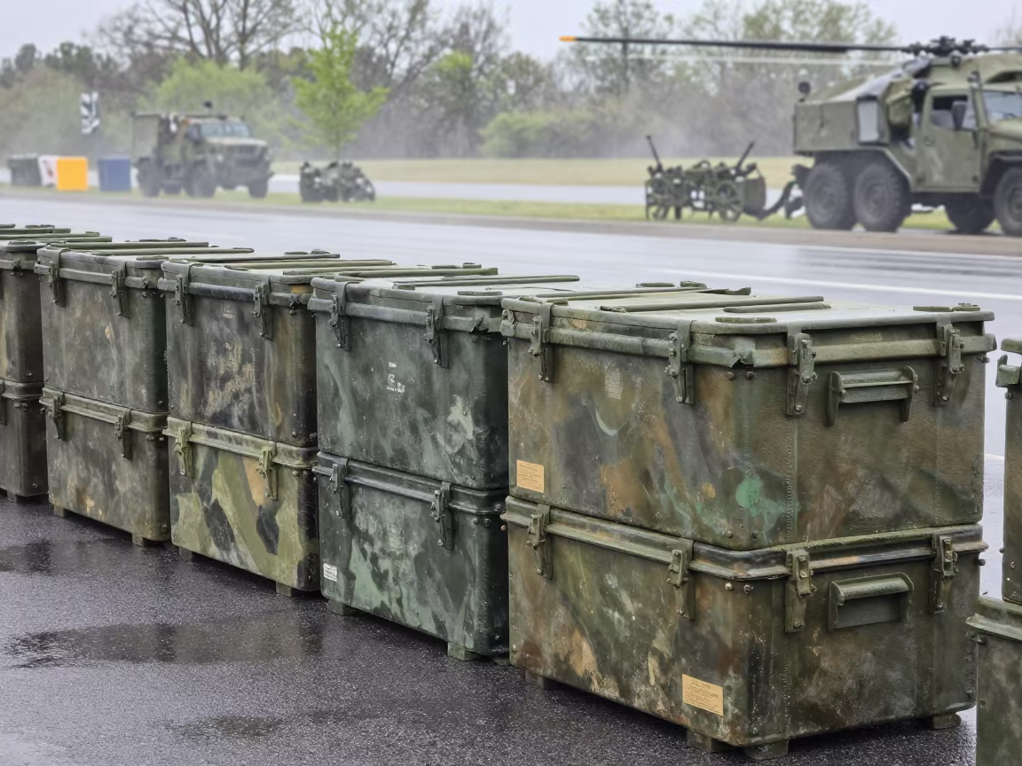 Stacked Military Ration Crates at Kentucky Checkpoint in at a checkpoint lane in Kentucky