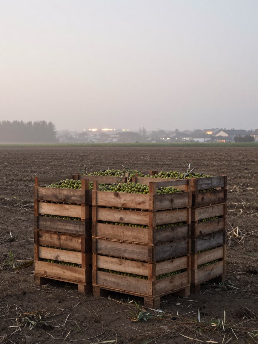 Stacked Olive Crates Misty Tohoku Field in across a harvested grain field in Tohoku