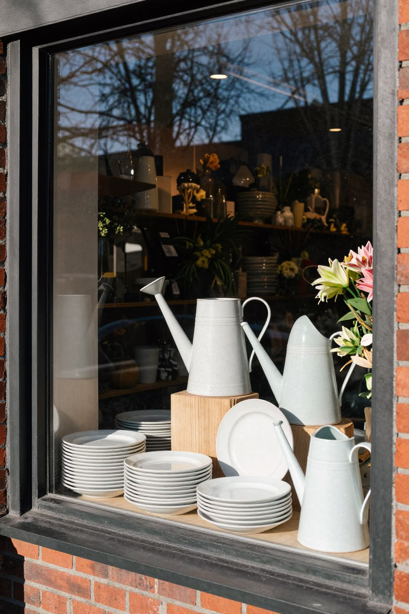 Stacked Plates And Watering Jugs at Afternoon Light in Vancouver in in Vancouver, British Columbia, Canada