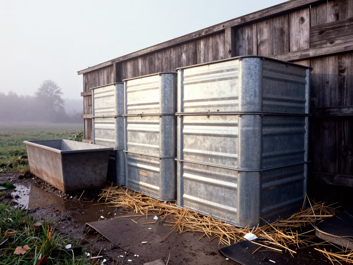 Stacked Poultry Crates in Luxembourg Barn Light in near a windbreak and water trough in Luxembourg