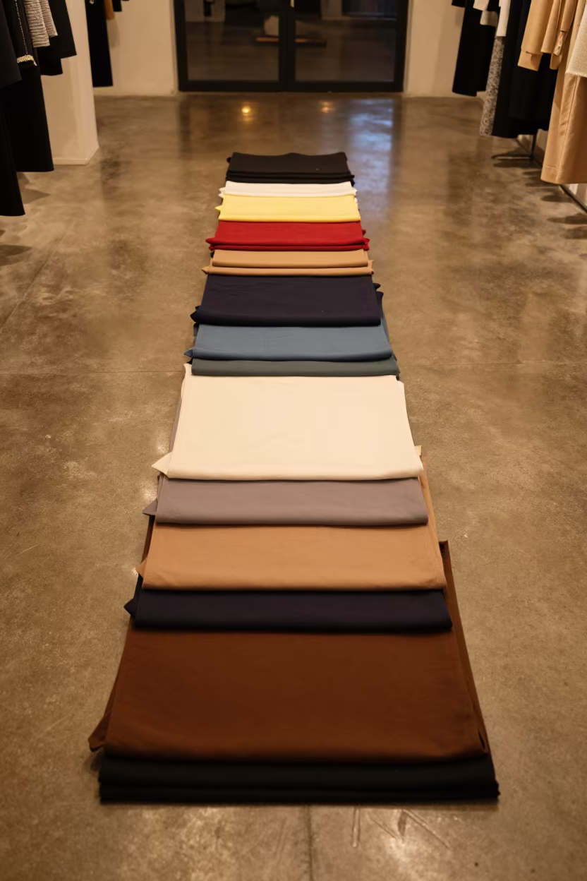 Stacked Runway Dress Panels Amber Light Tehran in inside a minimalist showroom in Laleh Park, Tehran