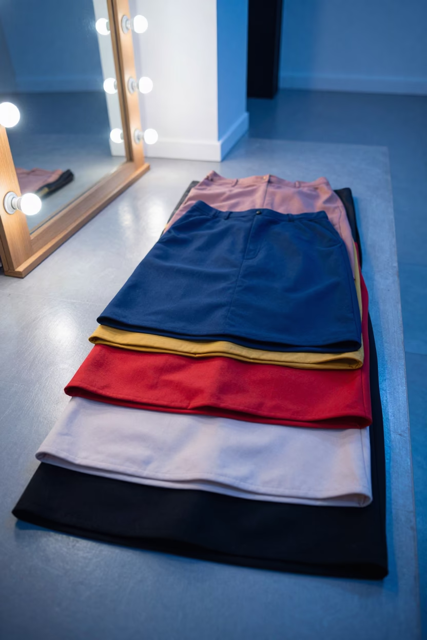 Stacked Runway Skirt Panels Turin in beside a mirror lined with makeup bulbs near Turin