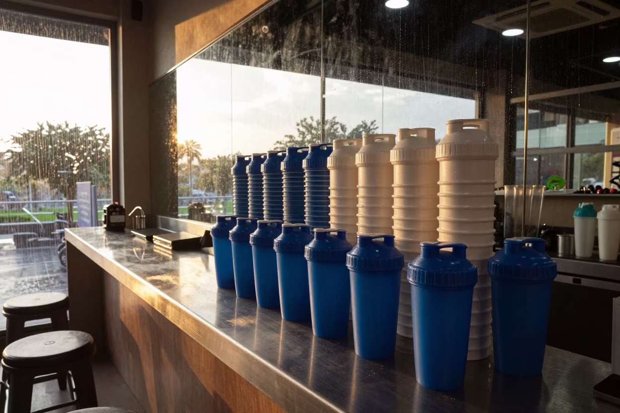 Stacked Shaker Cups on Gym Counter in inside a spin studio under class lights in Gandhinagar