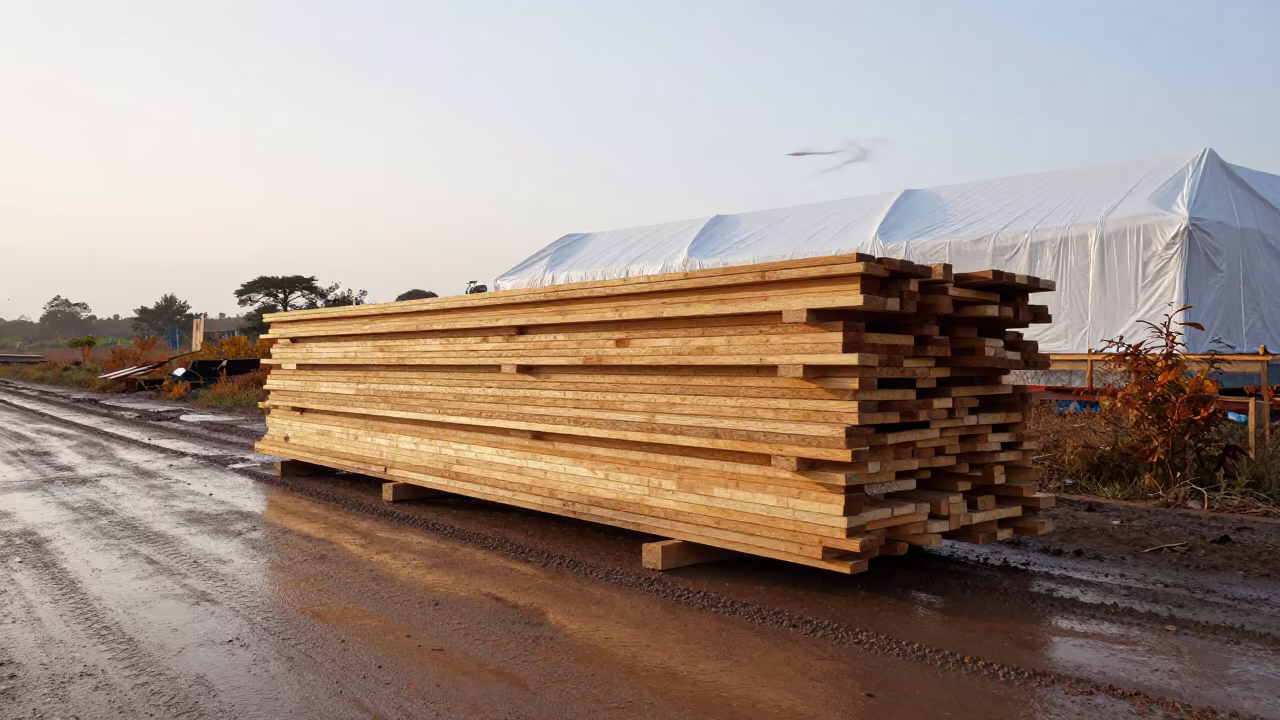 Stacked Siding Planks on Muddy Road After Rain in at a muddy site access road in South Africa