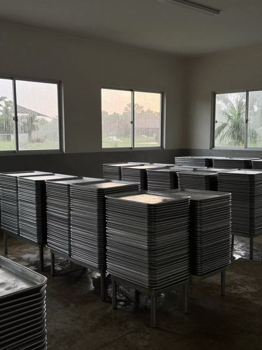 Stacked Steel Trays in Dominican Mess Hall Dawn in in a mess hall before service in Dominican Republic