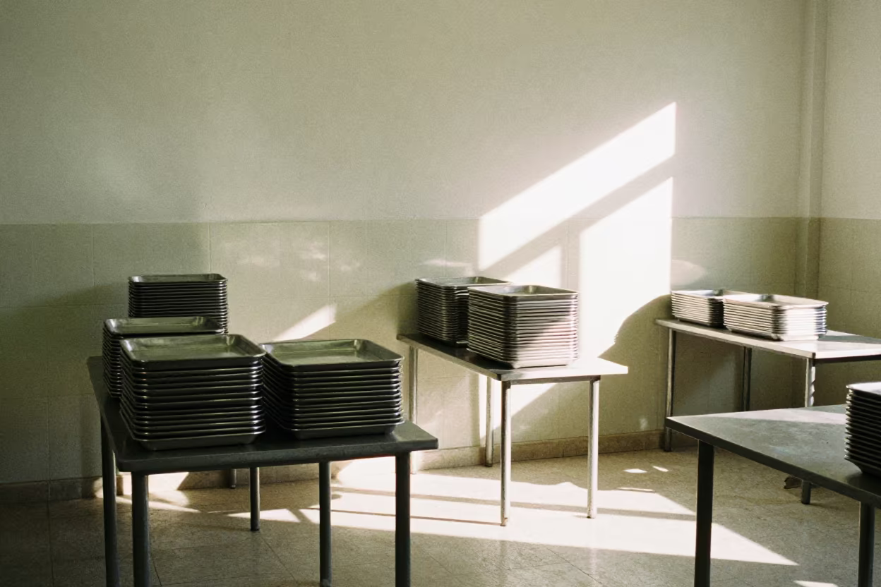 Stacked Steel Trays in Jaén Command Post Mess Hall in inside a command post in Jaén