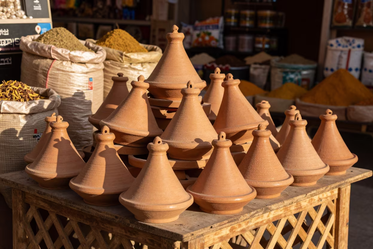 Stacked Tagines at Golden Hour in Marrakech Souk in at a spice vendor's table in Medina, Marrakech