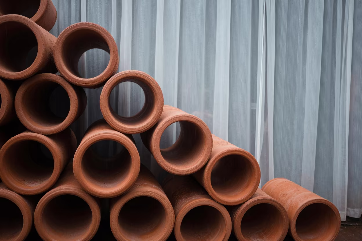 Stacked Terracotta Pipes in Pune Skylight in inside a skylit passageway in Pune