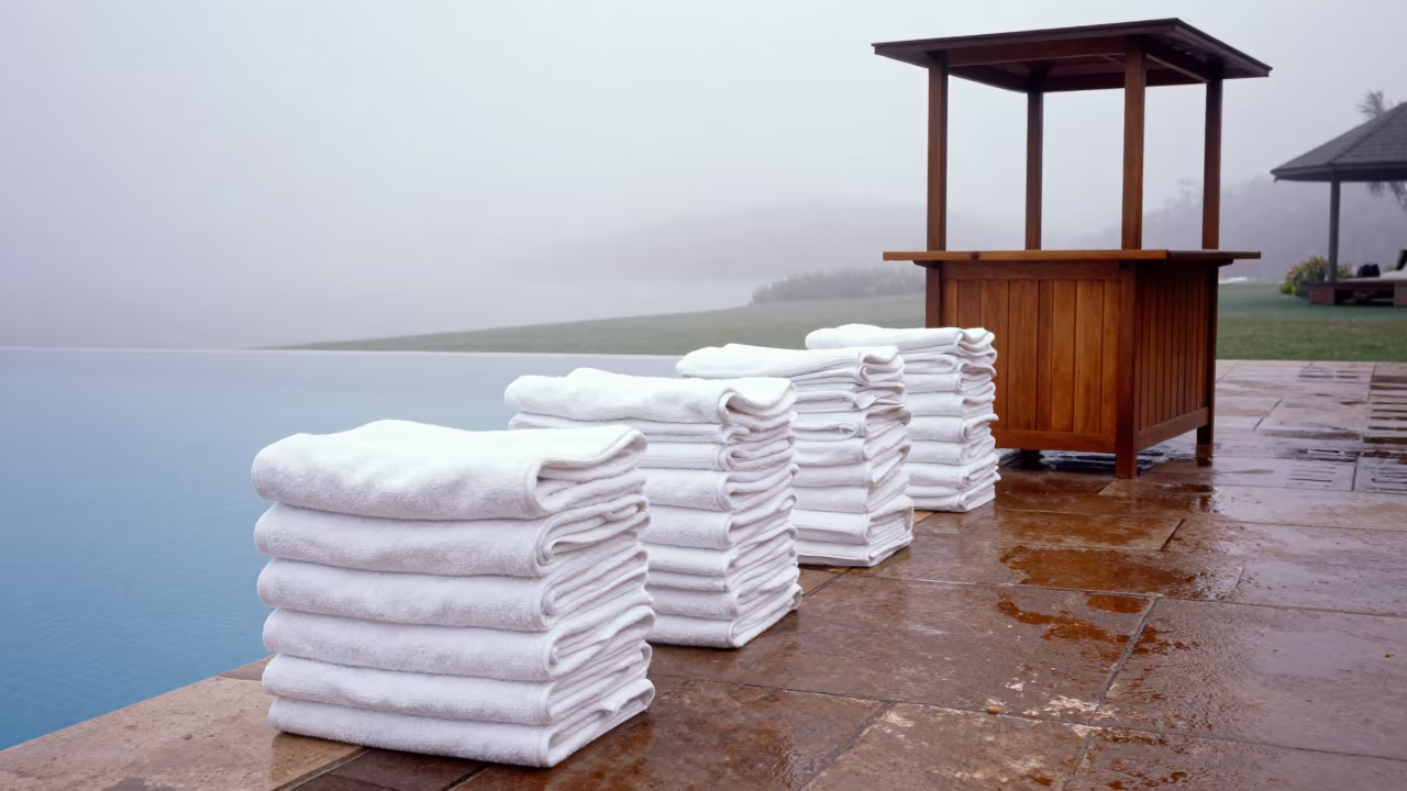 Stacked Towels on Resort Pool Deck at Dawn in beside a valet stand after rain near Dar es Salaam