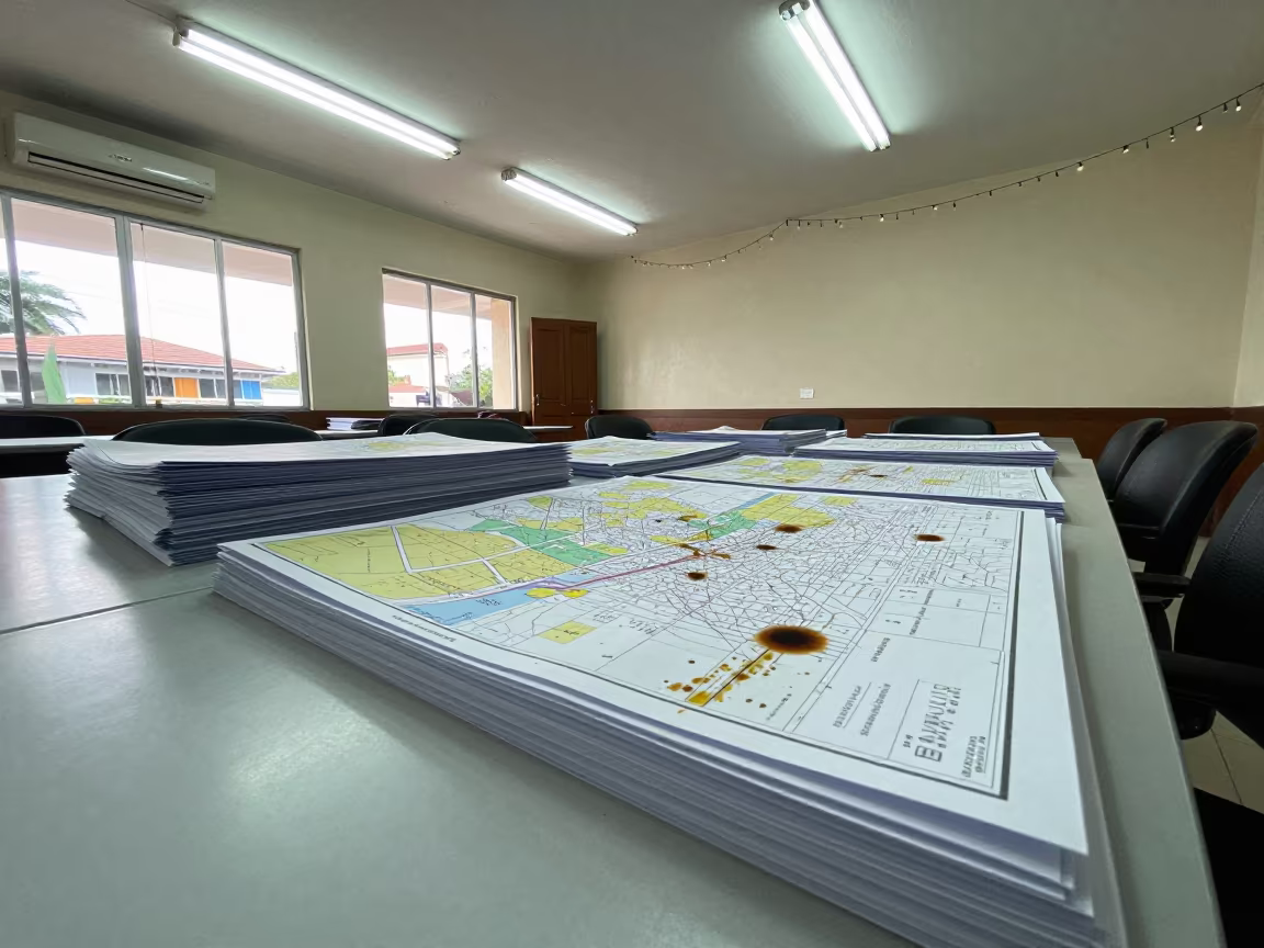 Stacked Zoning Maps with Coffee Rings on Table in in a fluorescent town hall meeting room in Port-au-Prince