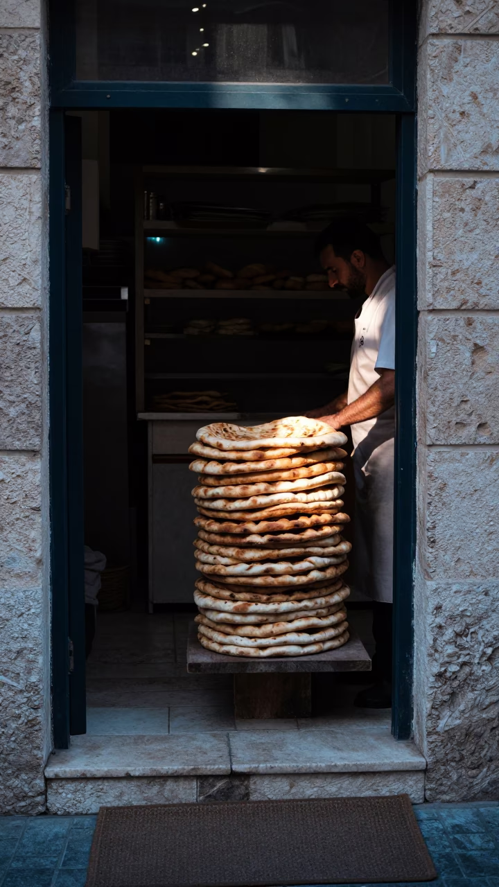 Stacking Bread in Beirut in in Beirut, Lebanon