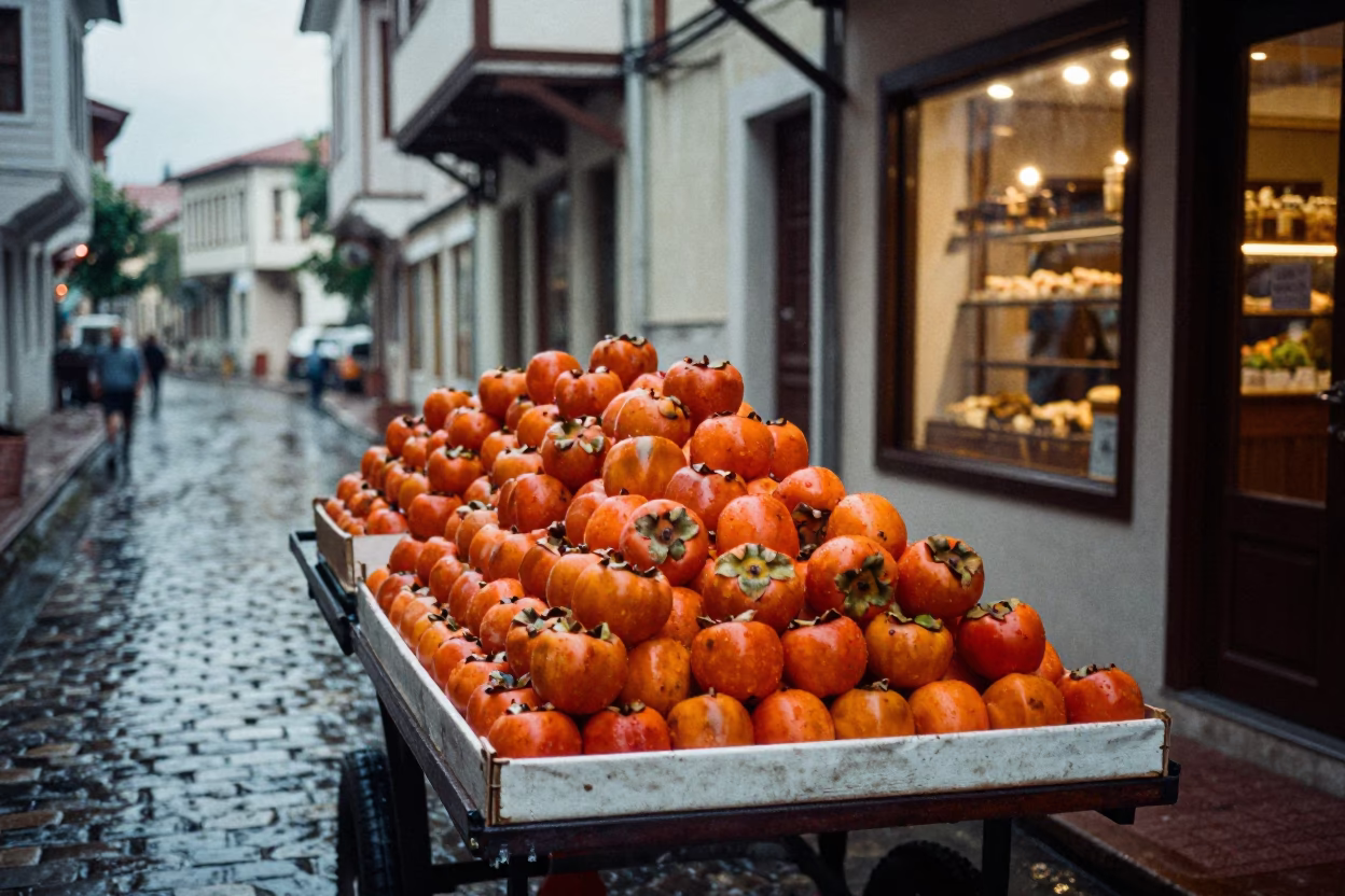 Stacking Persimmons in Izmir in in Izmir, Turkey