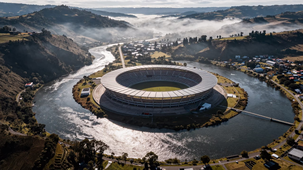 Stadium Aerial View Amid River Meanders in far above river meanders in Ecuador