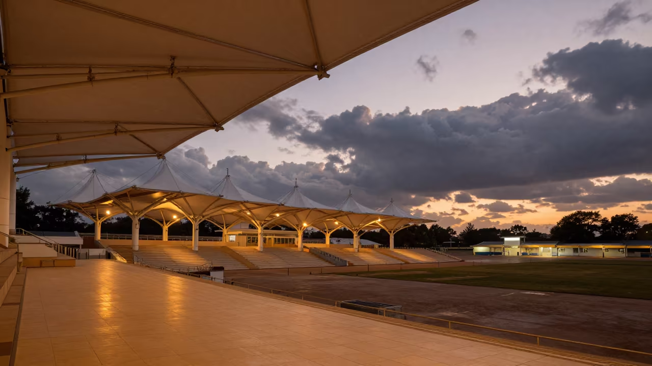 Stadium Roof Dusk Glow Over Gusau Stair Hall in inside a tiled stair hall in Gusau